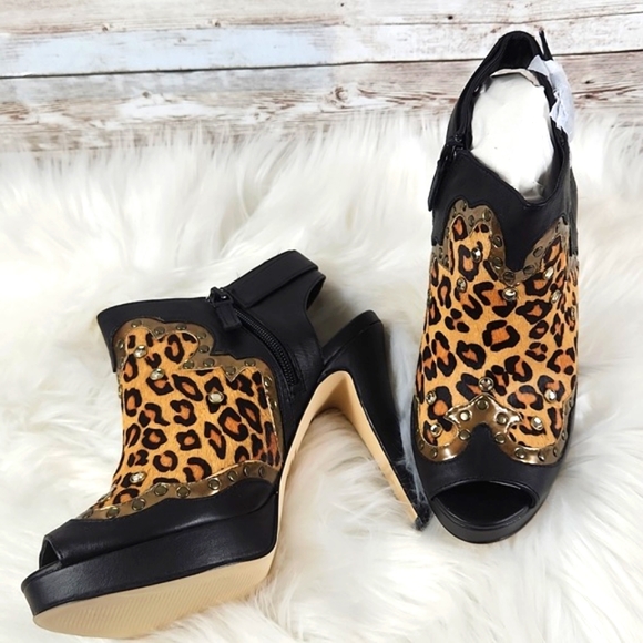 NWOT, Reba, Women's Black Leopard, clear stones, 4" heels, Sz 8.5 - Picture 7 of 12
